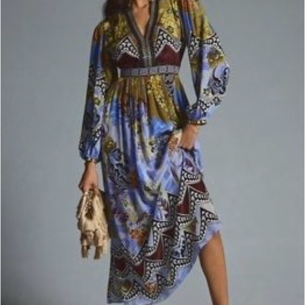 Anthropologie Blue and Green Patterned Maxi Dress